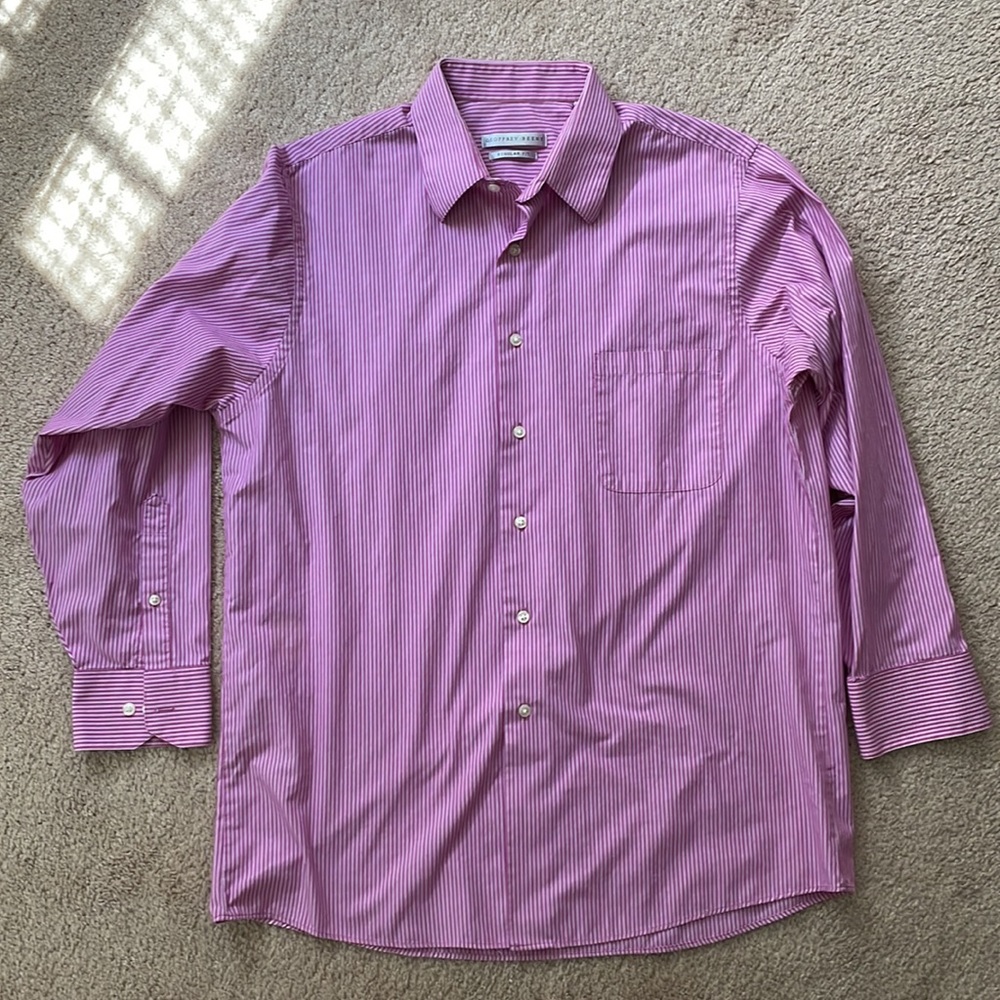 Geoffrey Beene pink striped dress shirt, size L (16 / 32/33)